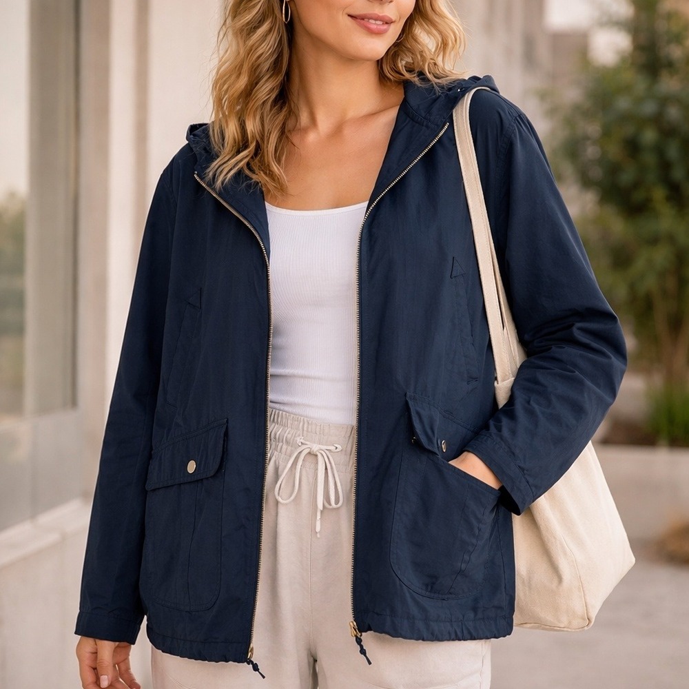Andy Johns Womens Hooded Jacket Sz L‎ Navy Blue Zip Up Lightweight Utility